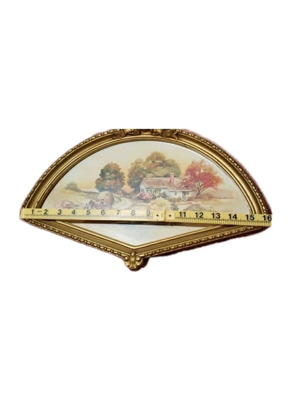 Vtg 1984 Homco Fan Shaped Framed Wall Art Autumn Country USA Homestead Bow Gold - Picture 8 of 8